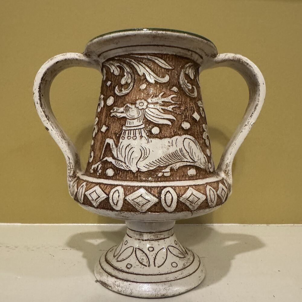 Deruta Italian Pottery Vase La Pinturicchio Sgraffito Handmade Deer Stag Vintage